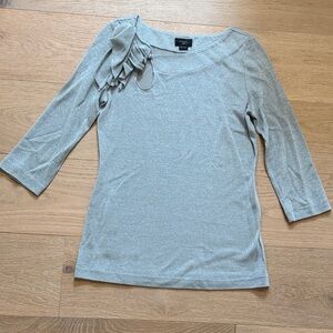 Anthropologie Deletta Silver Shimmer Ruffle-Shoulder 3/4 Sleeve Top size small